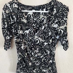 STYLE & CO Women Petite Small 3/4 Sleeve Blouse Black/white V Neck Stretch